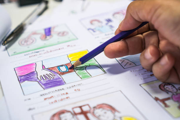 istock Creator  Storyboard or storytelling drawing creative for movie process pre-production media films script for video editors, development cartoon illustration animation for production shooting 1150708629