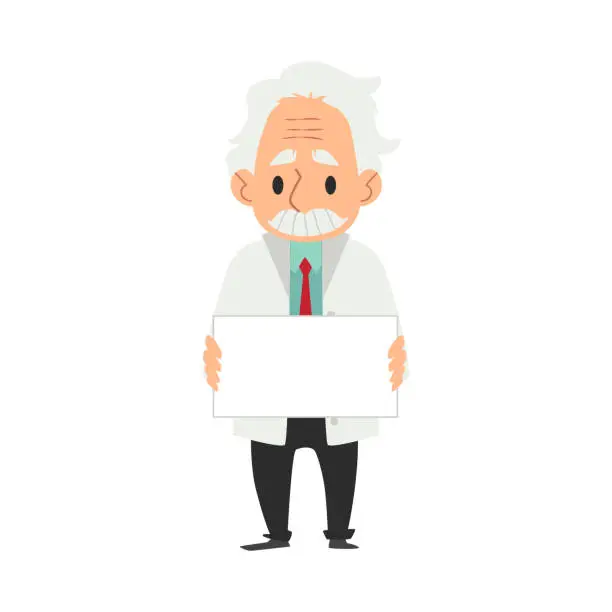 Vector illustration of Old male scientist in white coat stands holding blank sign cartoon style