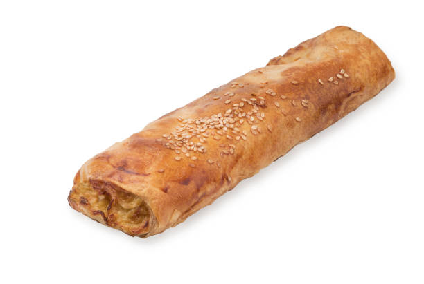 istock Baking puff pastry with potatoes and mushrooms. Isolated on white background 1150711770