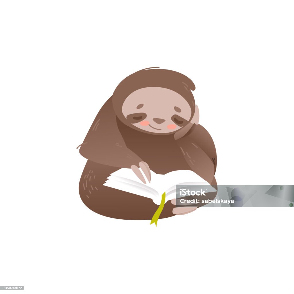 Cute sloth sitting and reading book with interest. Cute sloth sitting and reading book with interest isolated on white background - lovely and adorable lazy animal studying or resting in flat style. Vector illustration of funny cartoon character. Reading stock vector