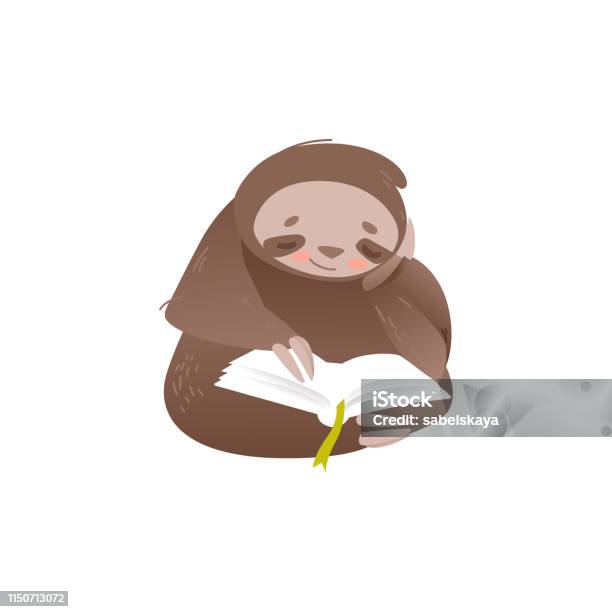 Cute Sloth Sitting And Reading Book With Interest Stock Illustration - Download Image Now - Reading, Animal, Animal Themes