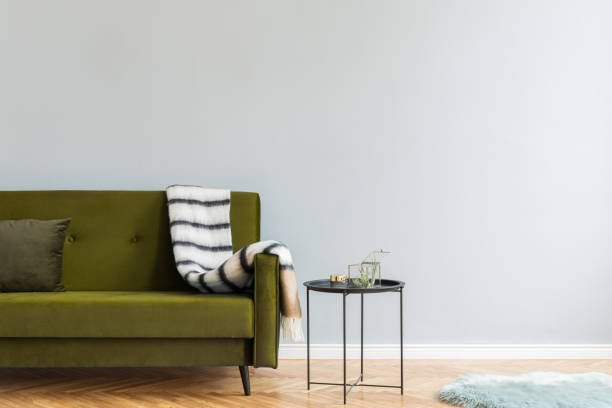 istock Minimalistic and luxury grey home interior with green velvet design sofa, black coffe table with airplant, carpet and elegant blanket. Copy space for inscription, mock up poster. Brown wooden parquet. 1150714479