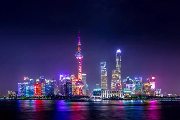 Photo of Cityscape of Shanghai at twilight sunset. Panoramic view of Pudong business district skyline from the Bund.