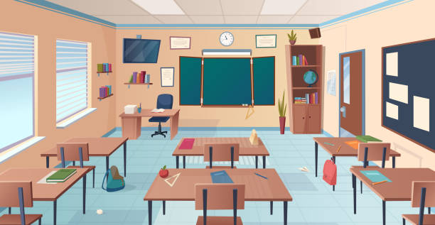 ilustrações, clipart, desenhos animados e ícones de interior da sala de aula. quarto da escola ou da faculdade com os artigos do professor do quadro das mesas para a lição ilustração dos desenhos animados - blackboard blank classroom backgrounds