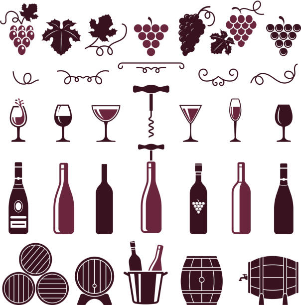 ilustraciones, imágenes clip art, dibujos animados e iconos de stock de símbolos del vino. hojas de uva de la vid zarcillos botellas barriles sacacorchos vector imágenes estilizadas para etiquetas o diseño de logotipo - ripened on the vine