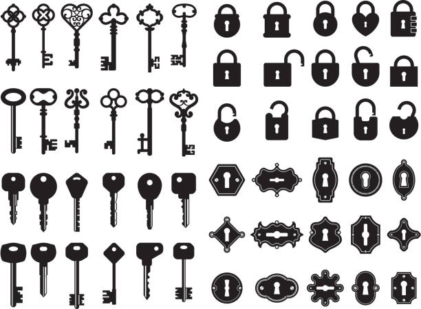 klucze i dziurka od klucza. kolekcja logo nowoczesnych i retro klucze domu tajne bramy kłódki odznaki wektorowe - keyhole key lock padlock stock illustrations