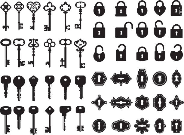 Keys and keyhole. Logo collection of modern and retro house keys secret gate padlock vector badges. Illustration of padlock and key, keyhole silhouette security