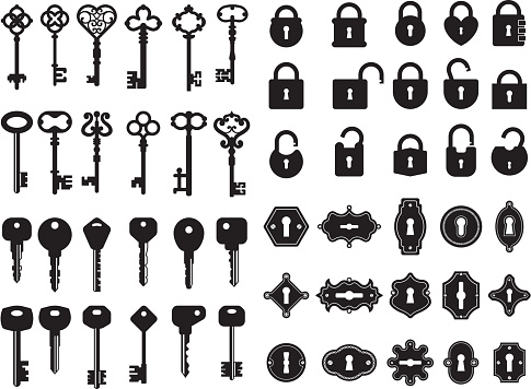 Keys and keyhole. Logo collection of modern and retro house keys secret gate padlock vector badges. Illustration of padlock and key, keyhole silhouette security