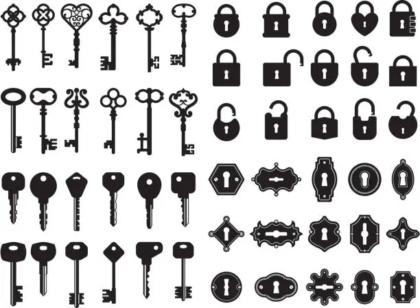 Vector illustration of Keys and keyhole. Logo collection of modern and retro house keys secret gate padlock vector badges