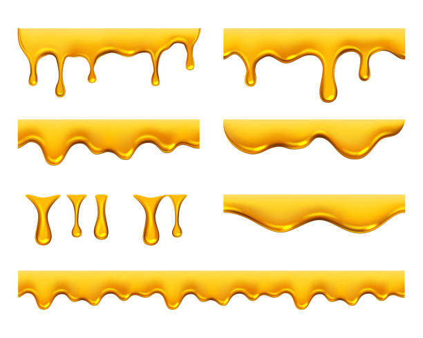 honig tropfen. goldener gelber realistischer sirup oder saft tropft flüssiges öl spritzt vektorvorlage - syrup stock-grafiken, -clipart, -cartoons und -symbole