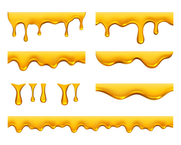 ilustrações de stock, clip art, desenhos animados e ícones de dripping honey. golden yellow realistic syrup or juice dripping liquid oil splashes vector template - syrup