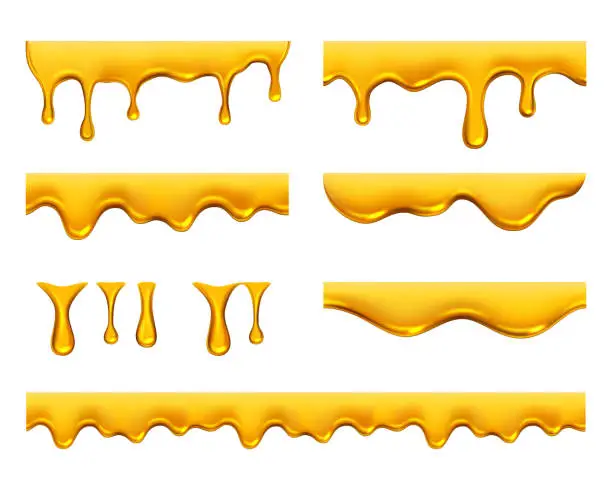 Vector illustration of Dripping honey. Golden yellow realistic syrup or juice dripping liquid oil splashes vector template