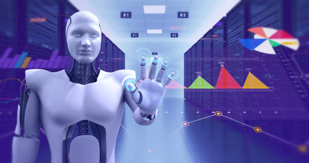 istock Humanoid Robot Monitoring Servers 3D Illustration Render 1150716642