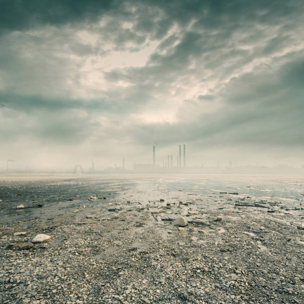 Dry contaminated environment with polluting industry and toxic gases in the sky: pollution and environmental care concept
