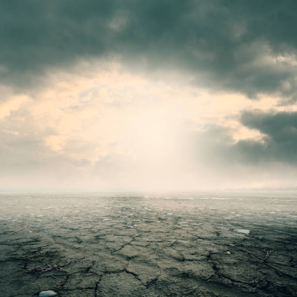 istock Cracked dry eroded land and cloudy sky 1150716717