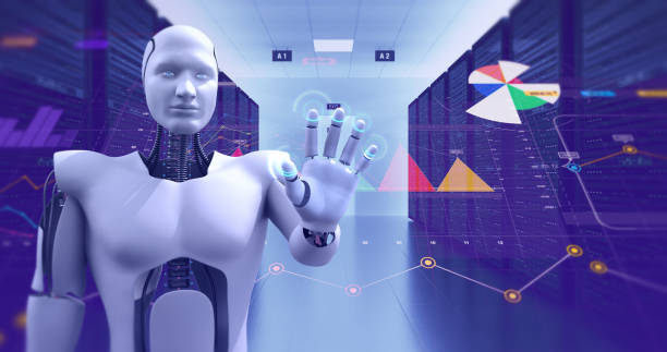 istock Humanoid Robot Monitoring Servers 3D Illustration Render 1150717295