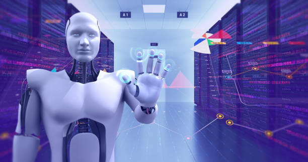 istock Humanoid Robot Monitoring Servers 3D Illustration Render 1150717309