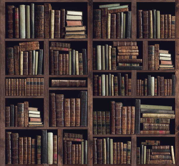 Collection of valuable ancient books on a bookshelf Collection of valuable ancient books on a wooden bookcase: knowledge, culture and education concept encyclopaedia stock pictures, royalty-free photos & images