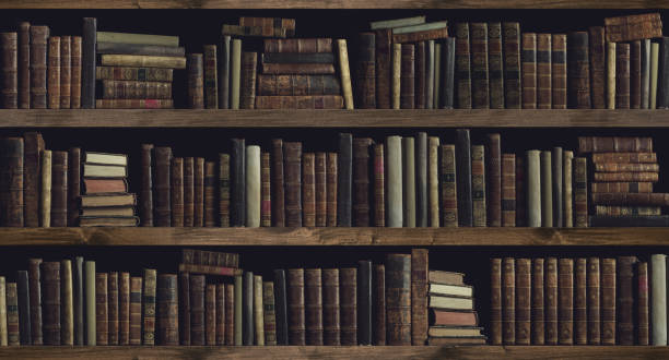 istock Collection of valuable ancient books on a bookshelf 1150717426