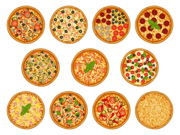 istock Collection of pizza with various ingredients. Margherita, pepperoni, seafood, cheese, vegetarian, mexican. Objects for packaging, advertisements, menu. Isolated on white. Vector illustration. Cartoon. 1150717514
