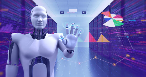 istock Humanoid Robot Monitoring Servers 3D Illustration Render 1150717593