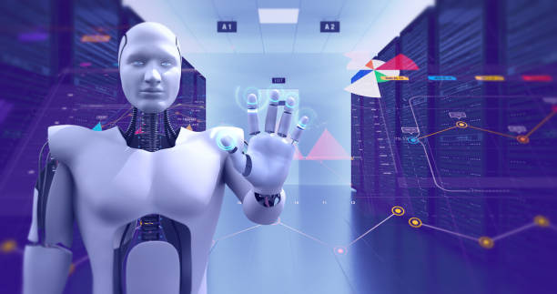 istock Humanoid Robot Monitoring Servers 3D Illustration Render 1150717850