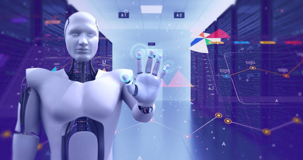 istock Humanoid Robot Monitoring Servers 3D Illustration Render 1150718313