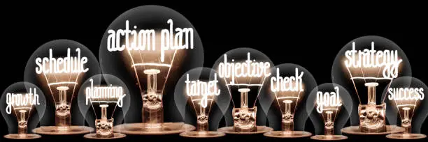 Photo of light bulb group with shining fibers in a shape of Action Plan, Strategy, Schedule and Objective concept related words isolated on black background