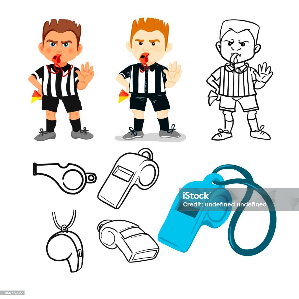 Whistling soccer referee showing stopping hand during match, human character vector illustration. Sport hand drawn cartoon, football arbitrator, whistle icon soccer judge, football coach, police blow Whistle stock vector