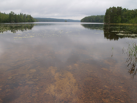 calm lake with clear water near Vimmerby, Sweden. Cloudy sky