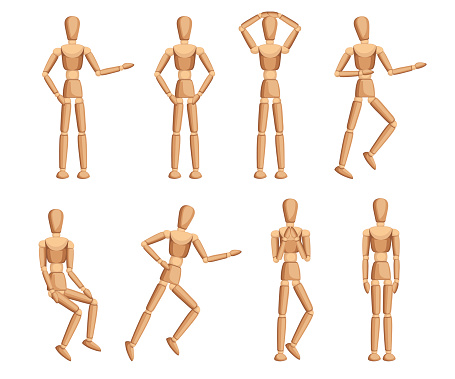 Wooden mannequin collection. Dummy with different poses. Cartoon flat style. Vector illustration isolated on white background.