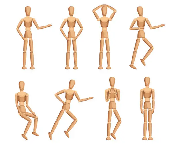 Vector illustration of Wooden mannequin collection. Dummy with different poses. Cartoon flat style. Vector illustration isolated on white background