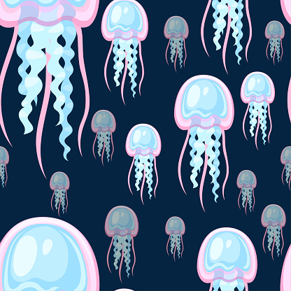 Seamless pattern. Sea pink and purple jellyfish. Tropical underwater animal. Medusa aquatic organism, cartoon style design. Flat vector illustration on dark blue background.