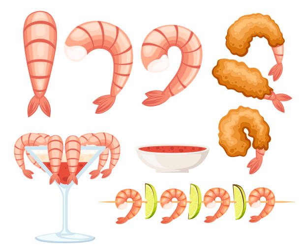 Fried shrimp in batter, boiled and kebab shrimp. Sauce for seafood. Tasty restaurant food. Flat vector illustration isolated on white background Fried shrimp in batter, boiled and kebab shrimp. Sauce for seafood. Tasty restaurant food. Flat vector illustration isolated on white background. shish kebab stock illustrations