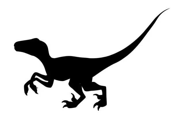 Vector illustration of Black silhouette. Brown raptor. Cute dinosaur, cartoon design. Flat vector illustration isolated on white background. Animal of jurassic world. Small carnivore dinosaur