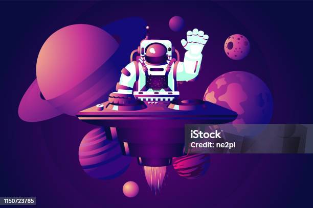 Universe Party Dj Astronaut Music Dance Event Vector Illustration With Spaceman Stock Illustration - Download Image Now