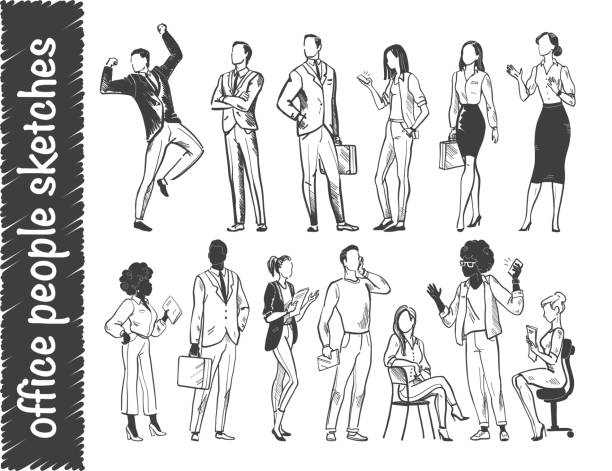 ilustrações de stock, clip art, desenhos animados e ícones de vector set of office people workers standing and sitting isolated on white background. - pencil drawing