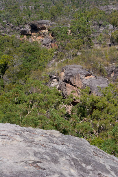 vista sobre los escaraplos de roca que contienen muchas de las pinturas de arte rupestre de quinkan, cerca de laura, cape york, queensland, australia - aboriginal art aborigine rock fotografías e imágenes de stock