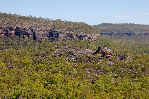 view over the rock escarpments that contain many of the Quinkan rock art paintings, Near Laura, Cape York, Queensland, Australia
