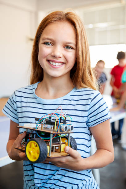 istock Portrait Of Female Student Building Robot Vehicle In After School Computer Coding Class 1150727658