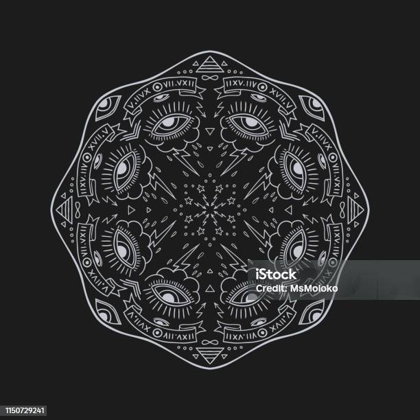 Round Old School Hand Drawn Occult Design With Mystic Symbols All Seeing Eyes And Stars Vector Esoteric Tattoo And Astrological Illustration Stock Illustration - Download Image Now