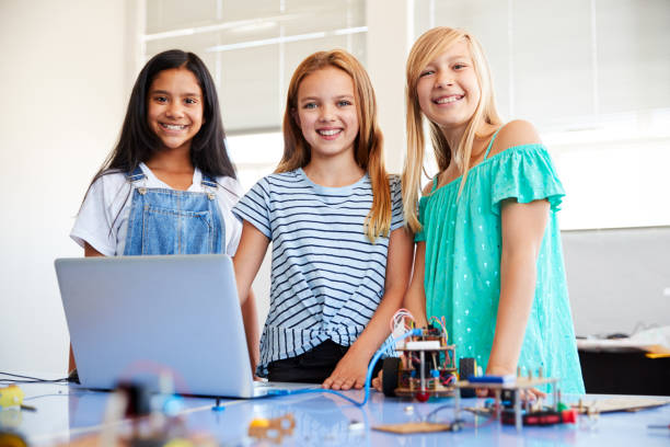istock Portrait Of Three Female Students Building And Programing Robot Vehicle In School Computer Class 1150730514