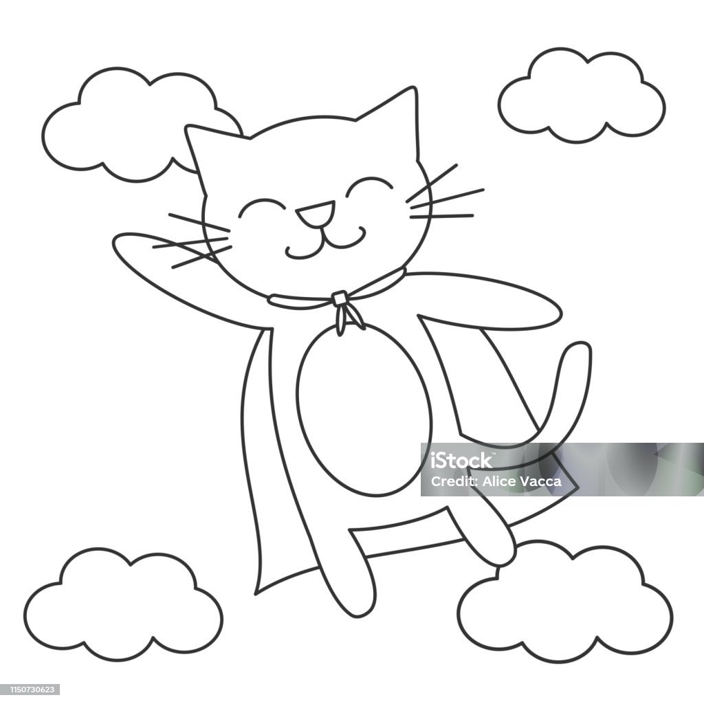 cute cartoon black and white super cat hero flying in the sky funny vector cartoon illustration for coloring art Superhero stock vector