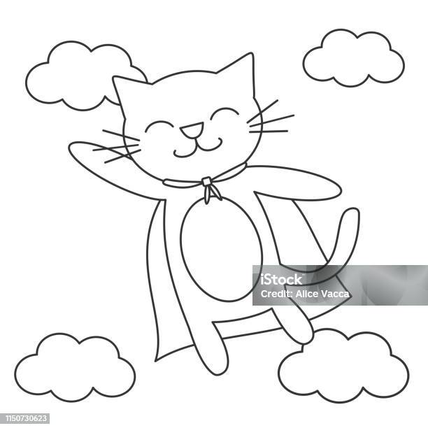 Cute Cartoon Black And White Super Cat Hero Flying In The Sky Funny Vector Cartoon Illustration For Coloring Art Stock Illustration - Download Image Now