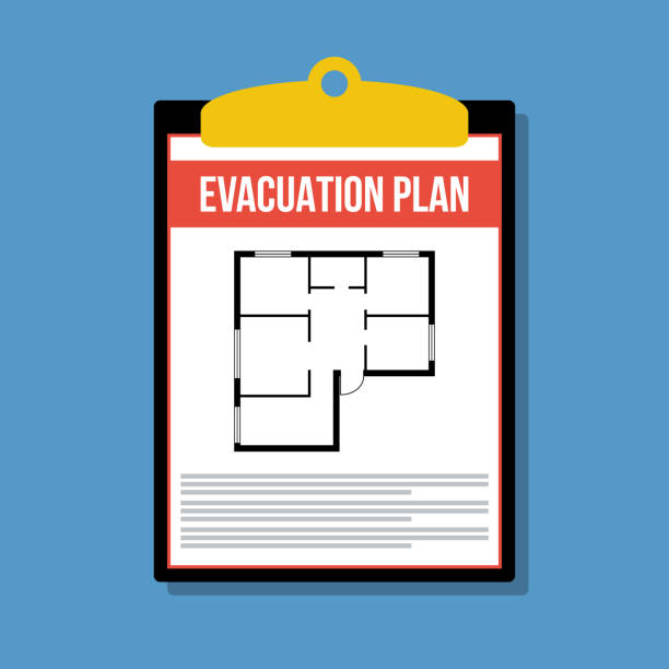 evacuation plan in clipboard, vector flat illustration evacuation plan in clipboard, vector flat illustration emergency plan document stock illustrations