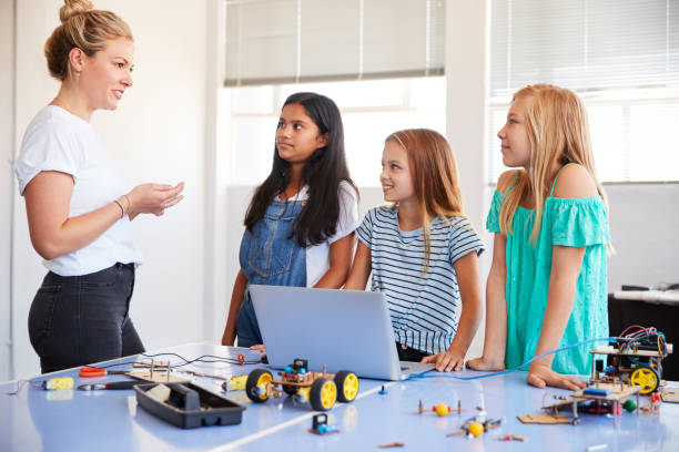 istock Three Female Students With Teacher Building Robot Vehicle In After School Computer Coding Class 1150731162