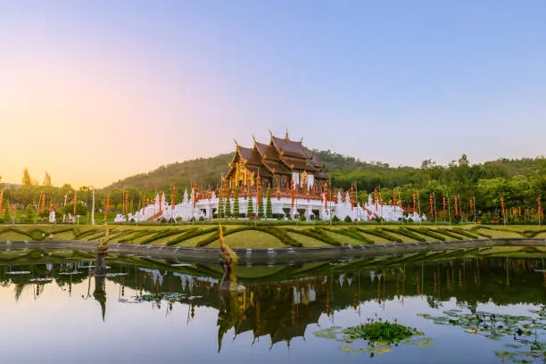 Photo of Royal Pavilion (Ho Kum Luang) Lanna style pavilion in Royal Flora Rajapruek Park botanical garden, Chiang Mai, Thailand.