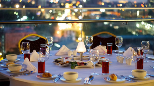 istock fancy sunset table on roof tea time 1150732747