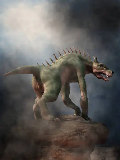 The Chupacabra, or goat sucker, is a cryptid, a legendary creature of folklore that attacks livestock. Here the monster stands on rocks in the fog. 3D rendering.