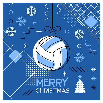 Merry Christmas. Greeting card with Christmas ball as a volleyball ball. Abstract flat design. Vector illustration.